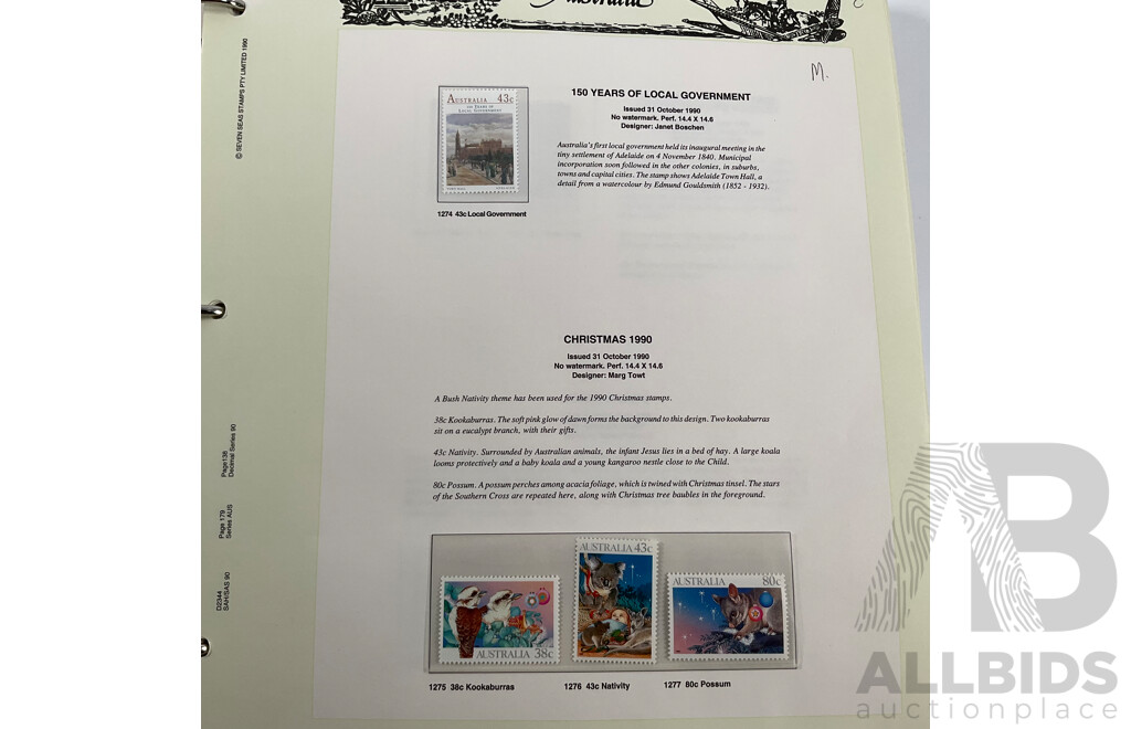 Seven Seas Album of Australian Stamps, Spanning 1984 to 1990, Multiple Sets of Each Year, Mostly Mint, Including Mint Twenty Dollar John Glover Painting