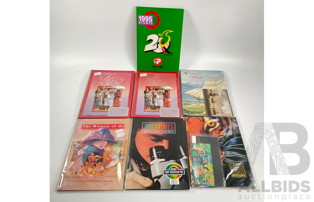 Collection of Australian Post Stamp Books Including Women of Oz, Forty Royal Years, Coming South, Zoos of Australia, Discoveries Medical Science in Australia with Papua New Guinea 1995 Stamp Album