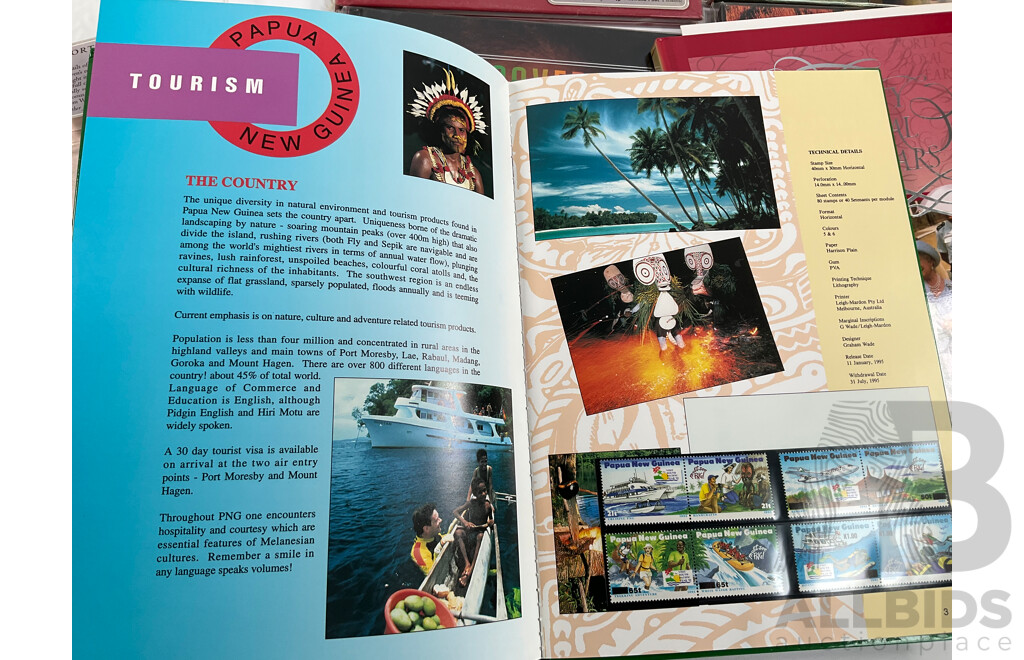 Collection of Australian Post Stamp Books Including Women of Oz, Forty Royal Years, Coming South, Zoos of Australia, Discoveries Medical Science in Australia with Papua New Guinea 1995 Stamp Album