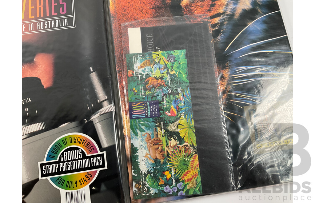Collection of Australian Post Stamp Books Including Women of Oz, Forty Royal Years, Coming South, Zoos of Australia, Discoveries Medical Science in Australia with Papua New Guinea 1995 Stamp Album