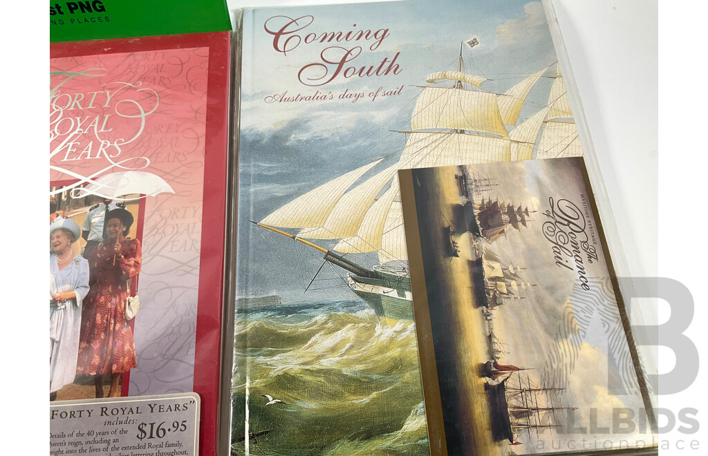 Collection of Australian Post Stamp Books Including Women of Oz, Forty Royal Years, Coming South, Zoos of Australia, Discoveries Medical Science in Australia with Papua New Guinea 1995 Stamp Album