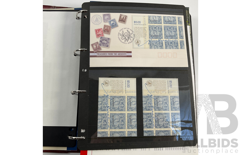 Album of Australian Mint Stamp Prestige Books, Strips, Mini Sheets, First Day Covers and Stamp Bulletins, Years 2001, 2002, 2003, 2004, 2005 Including Rare Albert Park FDC Post Cards, Peter Brock, Sir Jack Brabham