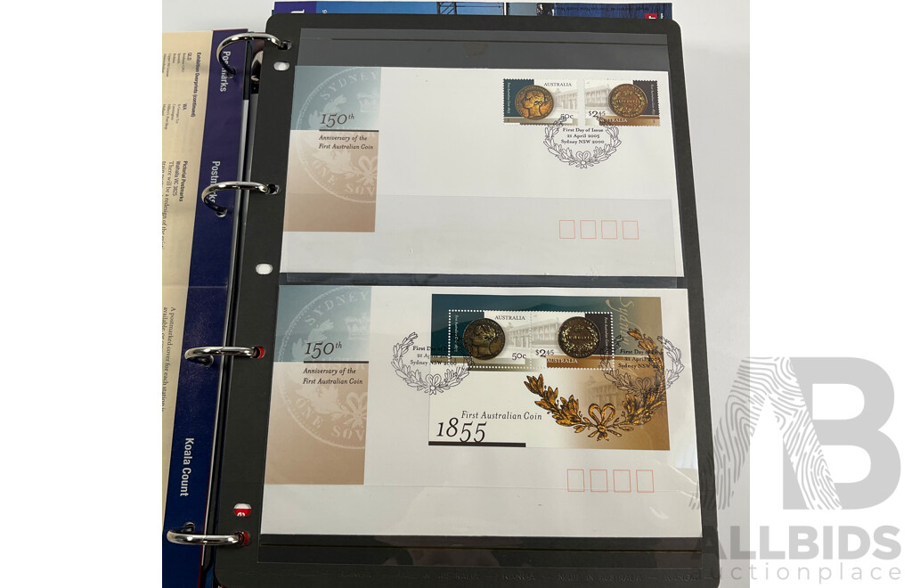 Album of Australian Mint Stamp Prestige Books, Strips, Mini Sheets, First Day Covers and Stamp Bulletins, Years 2001, 2002, 2003, 2004, 2005 Including Rare Albert Park FDC Post Cards, Peter Brock, Sir Jack Brabham