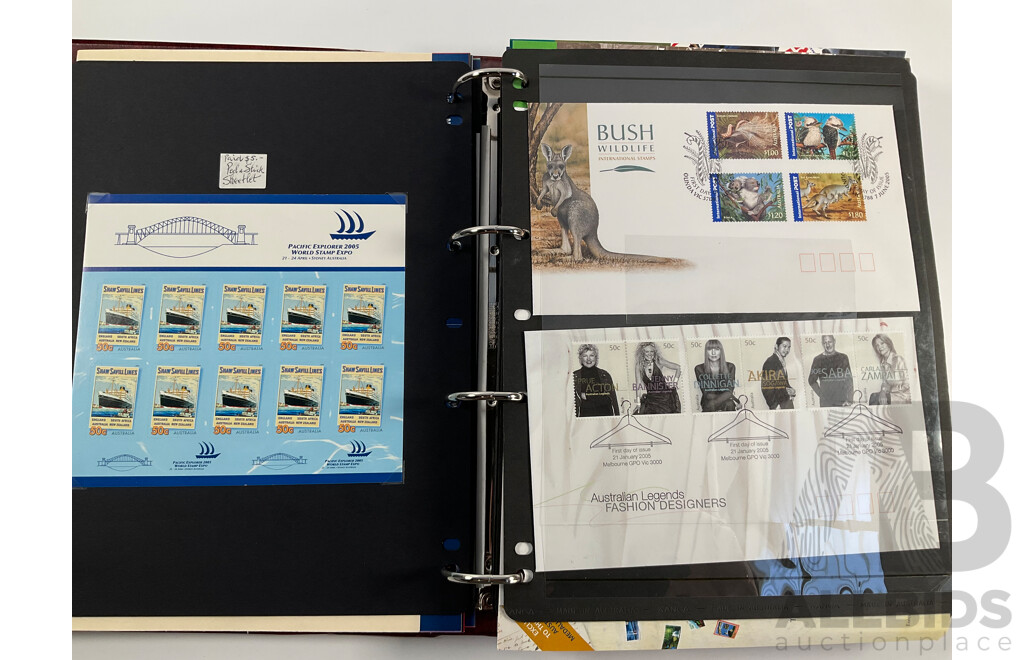 Album of Australian Mint Stamp Prestige Books, Strips, Mini Sheets, First Day Covers and Stamp Bulletins, Years 2001, 2002, 2003, 2004, 2005 Including Rare Albert Park FDC Post Cards, Peter Brock, Sir Jack Brabham