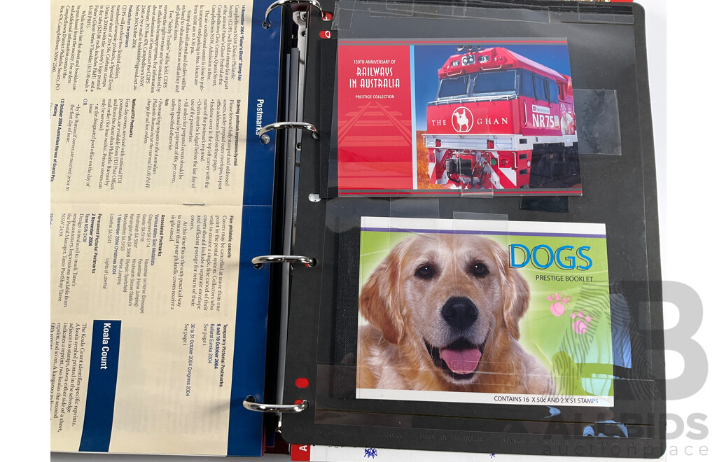 Album of Australian Mint Stamp Prestige Books, Strips, Mini Sheets, First Day Covers and Stamp Bulletins, Years 2001, 2002, 2003, 2004, 2005 Including Rare Albert Park FDC Post Cards, Peter Brock, Sir Jack Brabham