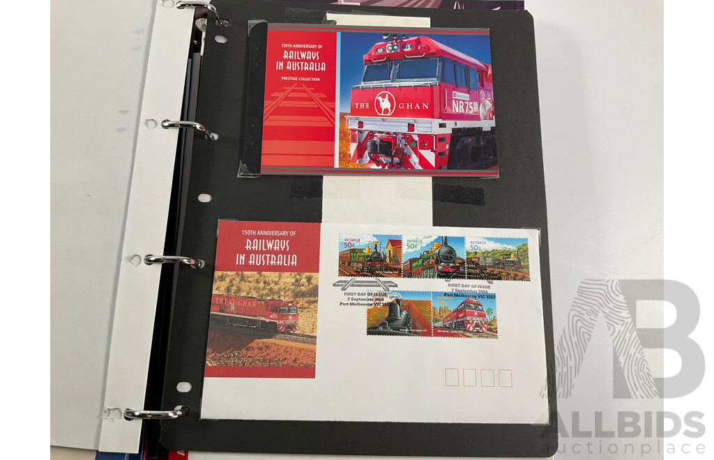 Album of Australian Mint Stamp Prestige Books, Strips, Mini Sheets, First Day Covers and Stamp Bulletins, Years 2001, 2002, 2003, 2004, 2005 Including Rare Albert Park FDC Post Cards, Peter Brock, Sir Jack Brabham