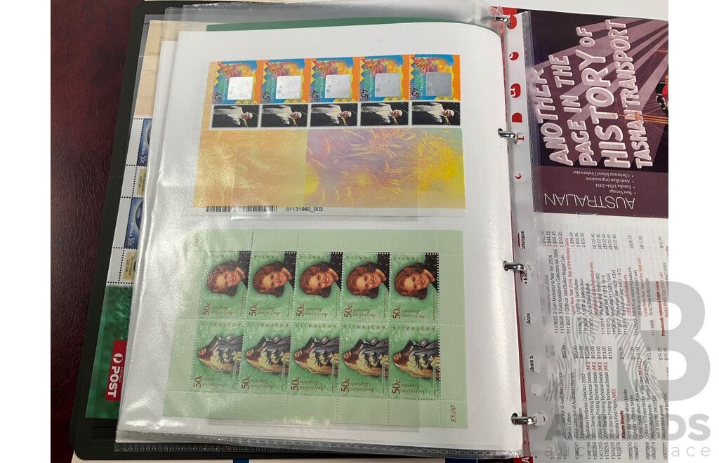 Album of Australian Mint Stamp Prestige Books, Strips, Mini Sheets, First Day Covers and Stamp Bulletins, Years 2001, 2002, 2003, 2004, 2005 Including Rare Albert Park FDC Post Cards, Peter Brock, Sir Jack Brabham