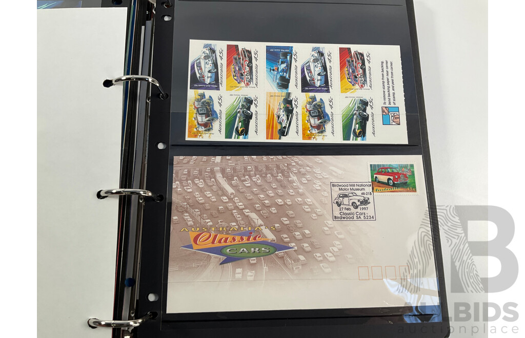 Album of Australian Mint Stamp Prestige Books, Strips, Mini Sheets, First Day Covers and Stamp Bulletins, Years 2001, 2002, 2003, 2004, 2005 Including Rare Albert Park FDC Post Cards, Peter Brock, Sir Jack Brabham