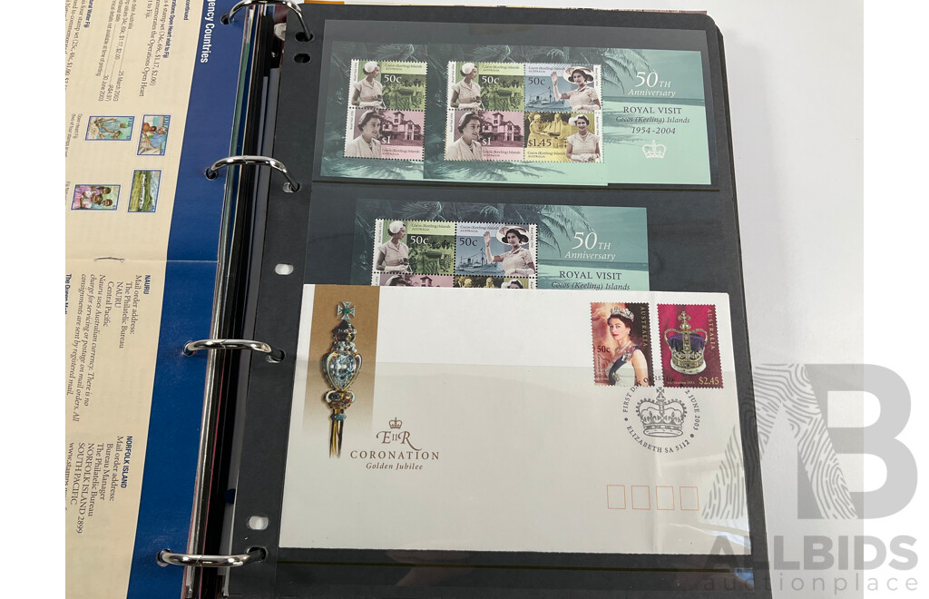 Album of Australian Mint Stamp Prestige Books, Strips, Mini Sheets, First Day Covers and Stamp Bulletins, Years 2001, 2002, 2003, 2004, 2005 Including Rare Albert Park FDC Post Cards, Peter Brock, Sir Jack Brabham