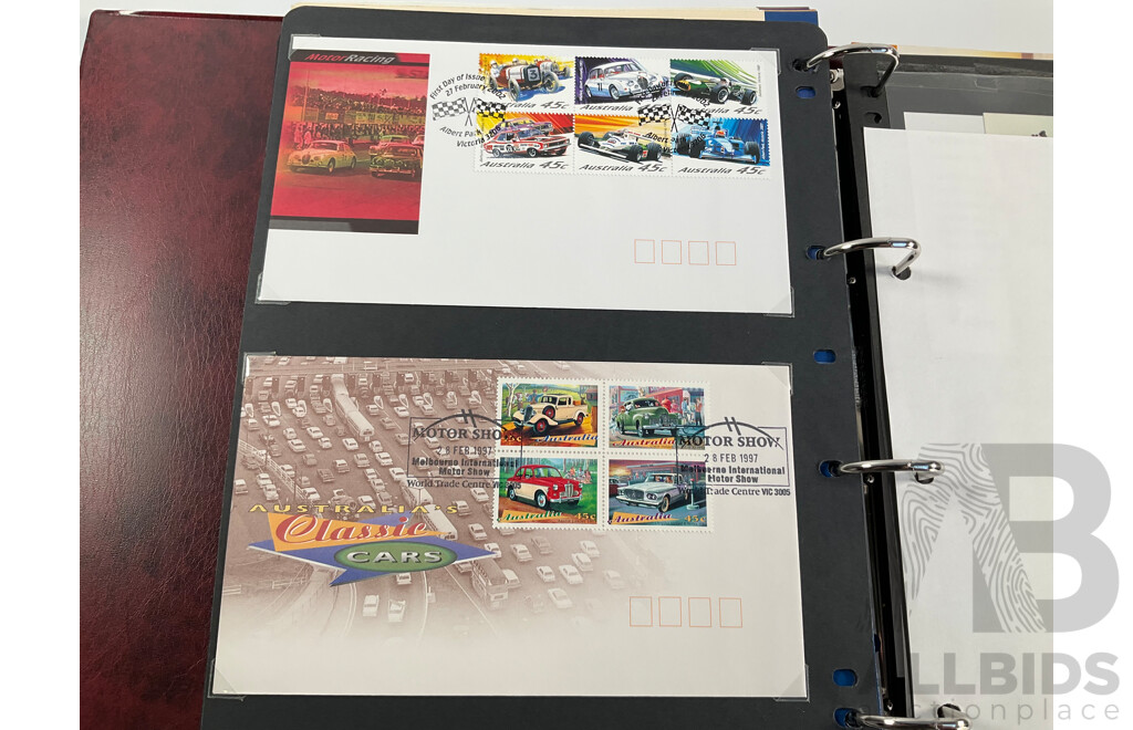 Album of Australian Mint Stamp Prestige Books, Strips, Mini Sheets, First Day Covers and Stamp Bulletins, Years 2001, 2002, 2003, 2004, 2005 Including Rare Albert Park FDC Post Cards, Peter Brock, Sir Jack Brabham