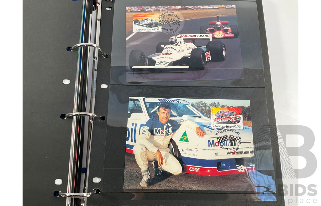 Album of Australian Mint Stamp Prestige Books, Strips, Mini Sheets, First Day Covers and Stamp Bulletins, Years 2001, 2002, 2003, 2004, 2005 Including Rare Albert Park FDC Post Cards, Peter Brock, Sir Jack Brabham