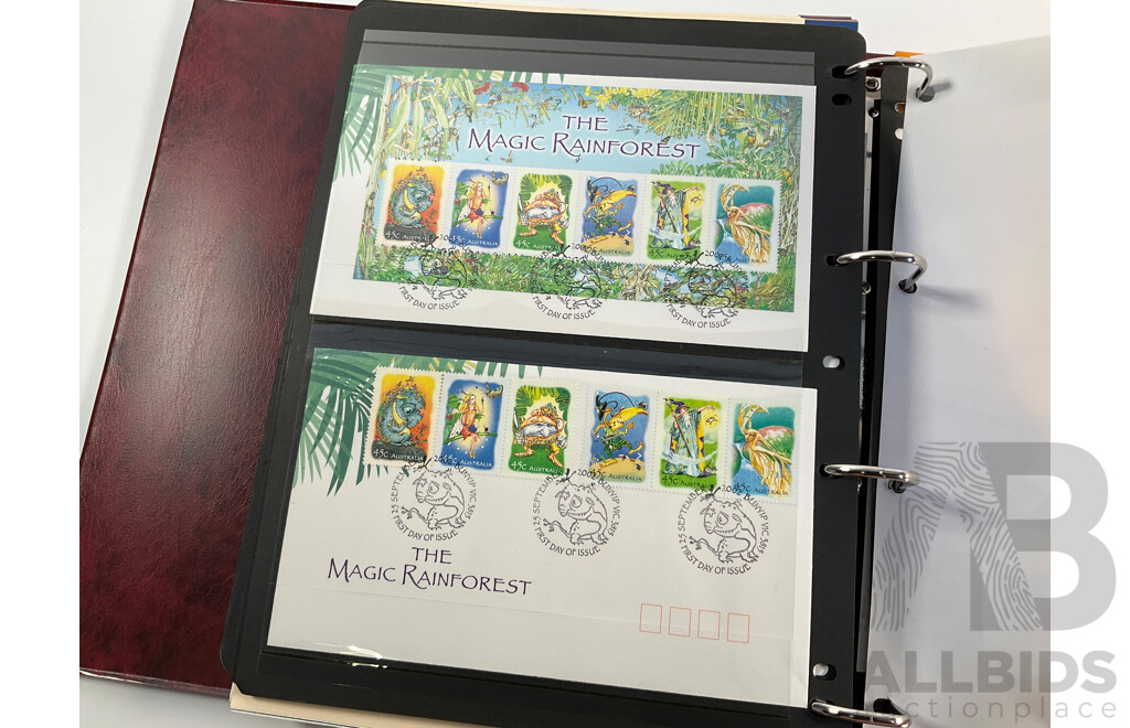 Album of Australian Mint Stamp Prestige Books, Strips, Mini Sheets, First Day Covers and Stamp Bulletins, Years 2001, 2002, 2003, 2004, 2005 Including Rare Albert Park FDC Post Cards, Peter Brock, Sir Jack Brabham