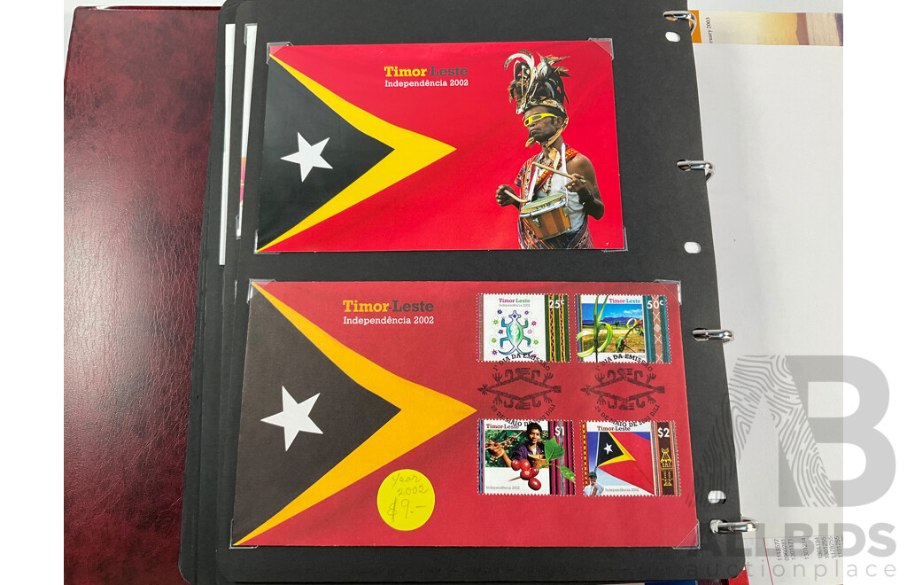 Album of Australian Mint Stamp Prestige Books, Strips, Mini Sheets, First Day Covers and Stamp Bulletins, Years 2001, 2002, 2003, 2004, 2005 Including Rare Albert Park FDC Post Cards, Peter Brock, Sir Jack Brabham