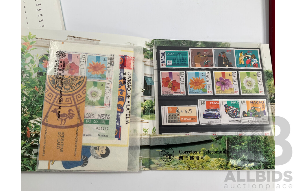 Chinese Mint Stamps Including 1987 Annual Album, Macau 1993 Mint Stamp Album, Mini Sheets Stamps Packs, and First Day Covers
