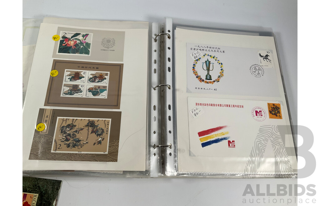 Chinese Mint Stamps Including 1987 Annual Album, Macau 1993 Mint Stamp Album, Mini Sheets Stamps Packs, and First Day Covers