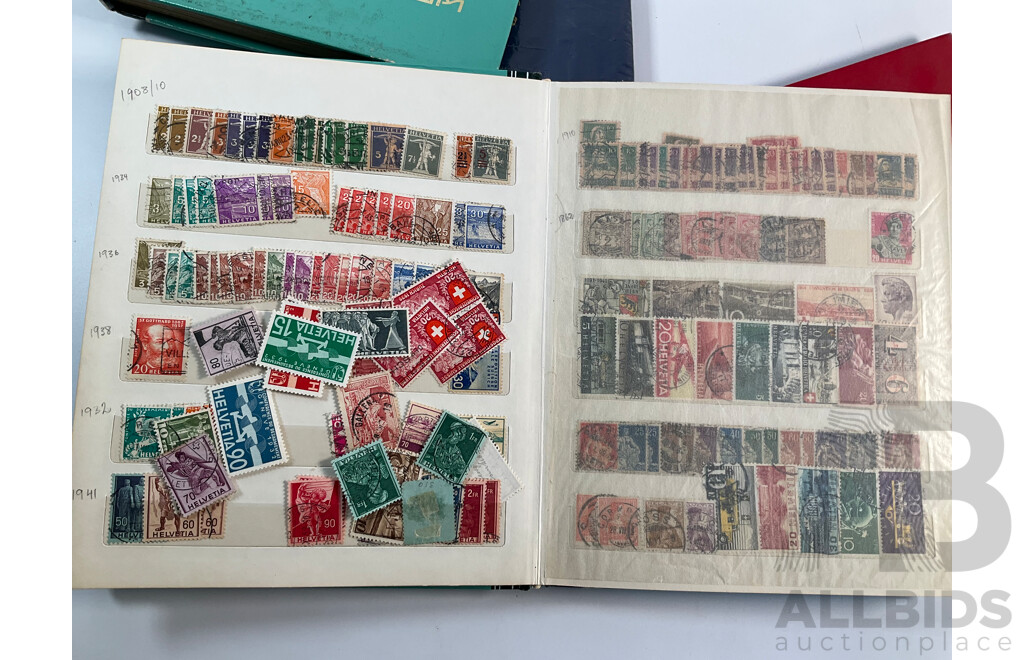 Four Albums of International Mint and Cancelled Stamps Including Switzerland Examples Spanning 1908 to 1980's, Gibraltar, St Vincent, Vietnam, Poland