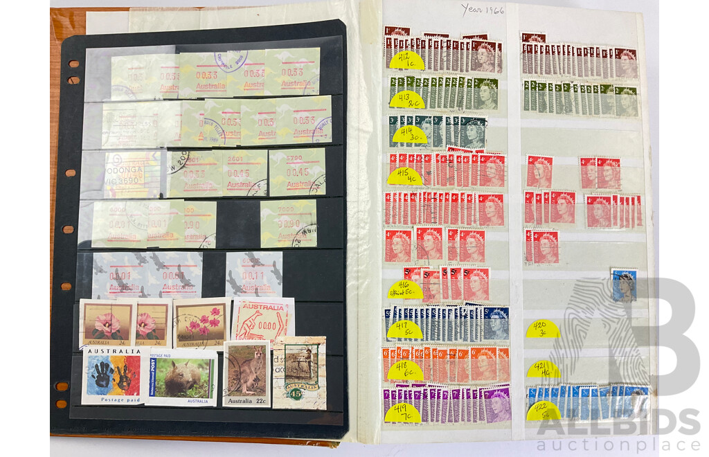 Album of Australian Stamps, Examples Spanning 1966 to 1990, Sets, Overprints, Many Multiples