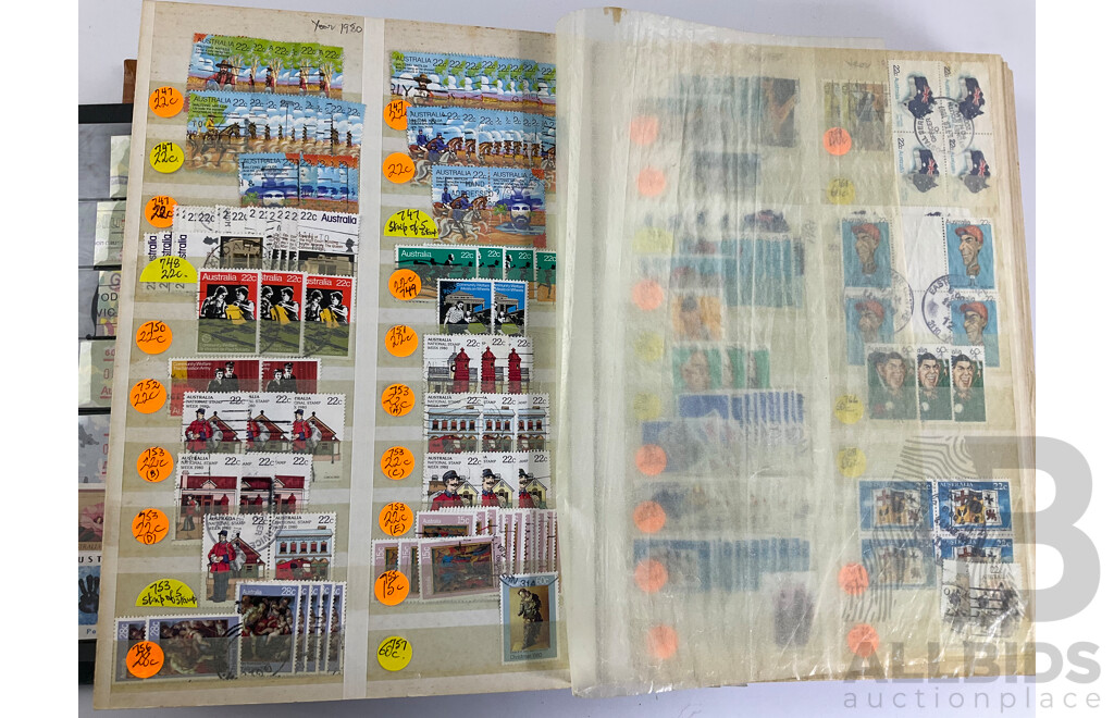 Album of Australian Stamps, Examples Spanning 1966 to 1990, Sets, Overprints, Many Multiples