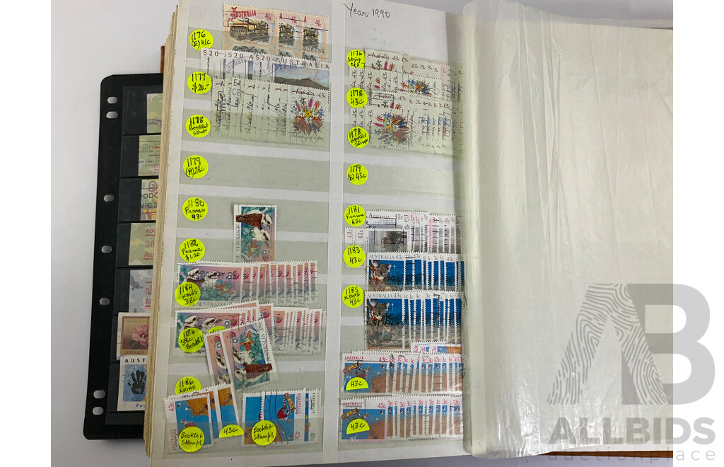 Album of Australian Stamps, Examples Spanning 1966 to 1990, Sets, Overprints, Many Multiples
