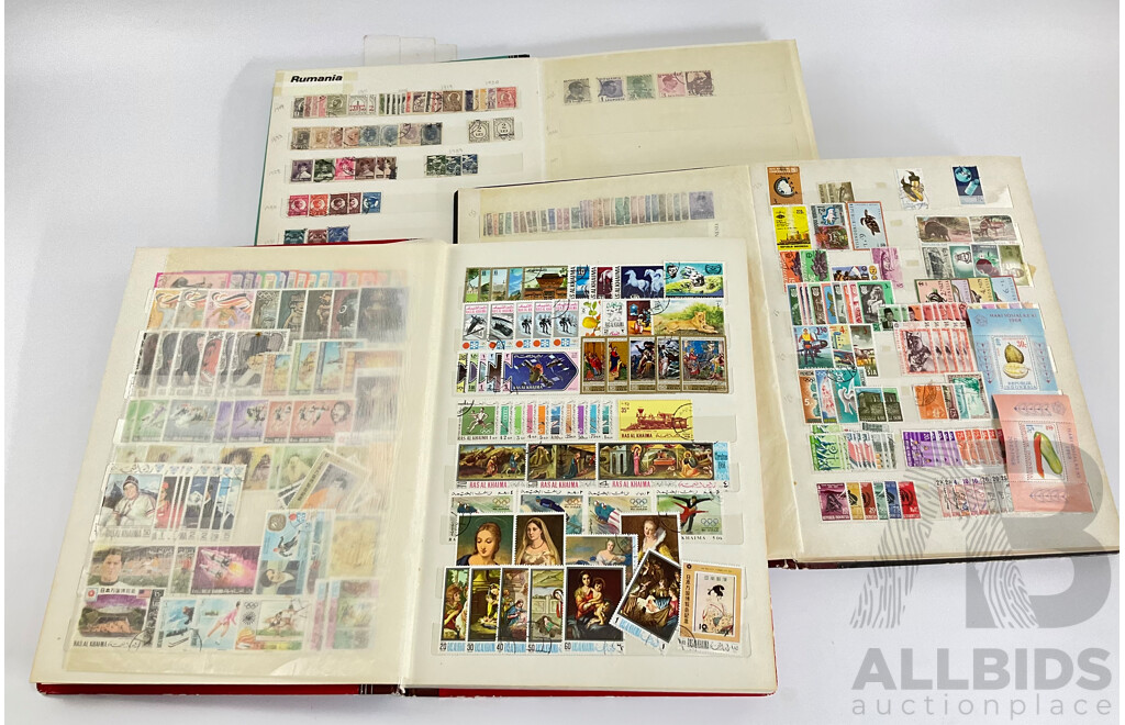 Three Antique and Vintage International Stamp Albums Including Fujeira, Manama, Yemen, Sharjah, Indonesia, Lebanon, Egypt, Libya, Oman, Kuwait, Rwanda, Romania, Bulgaria