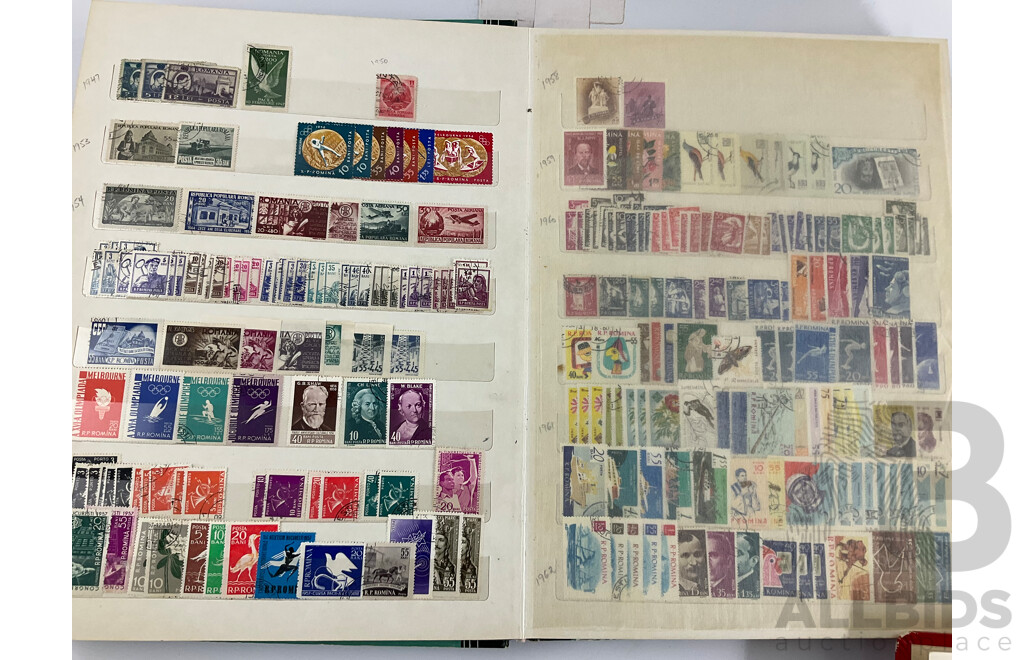 Three Antique and Vintage International Stamp Albums Including Fujeira, Manama, Yemen, Sharjah, Indonesia, Lebanon, Egypt, Libya, Oman, Kuwait, Rwanda, Romania, Bulgaria
