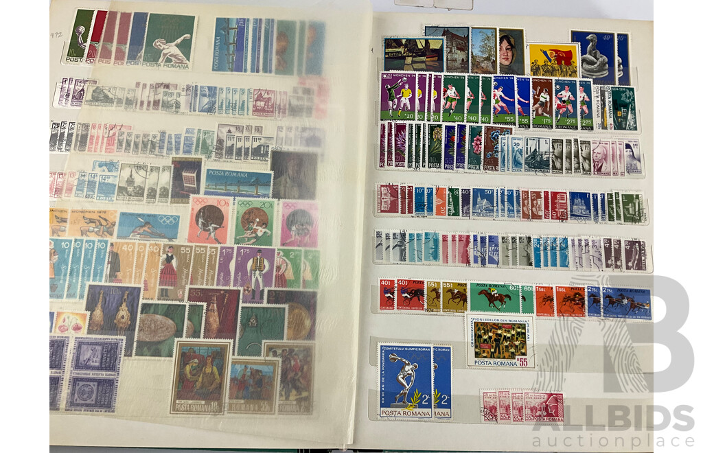 Three Antique and Vintage International Stamp Albums Including Fujeira, Manama, Yemen, Sharjah, Indonesia, Lebanon, Egypt, Libya, Oman, Kuwait, Rwanda, Romania, Bulgaria