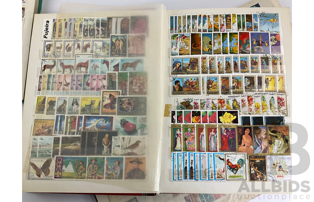 Three Antique and Vintage International Stamp Albums Including Fujeira, Manama, Yemen, Sharjah, Indonesia, Lebanon, Egypt, Libya, Oman, Kuwait, Rwanda, Romania, Bulgaria
