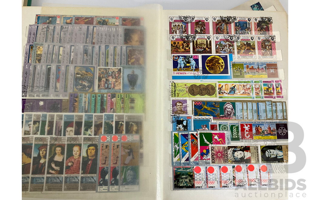 Three Antique and Vintage International Stamp Albums Including Fujeira, Manama, Yemen, Sharjah, Indonesia, Lebanon, Egypt, Libya, Oman, Kuwait, Rwanda, Romania, Bulgaria