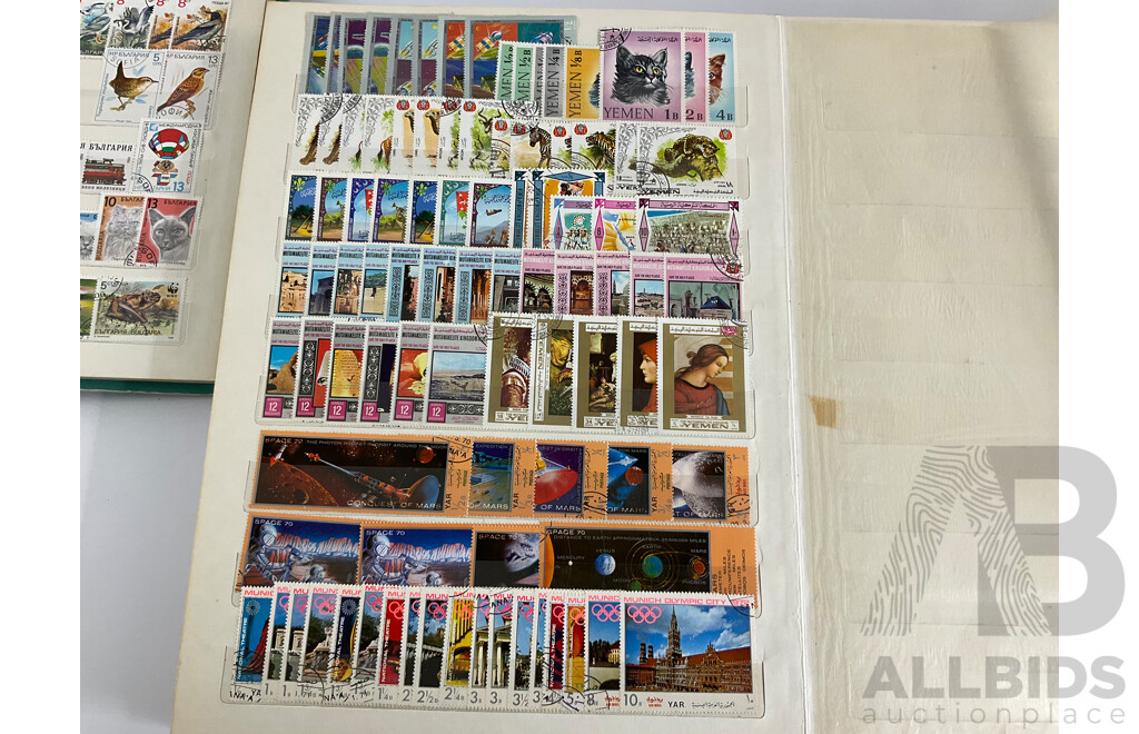 Three Antique and Vintage International Stamp Albums Including Fujeira, Manama, Yemen, Sharjah, Indonesia, Lebanon, Egypt, Libya, Oman, Kuwait, Rwanda, Romania, Bulgaria