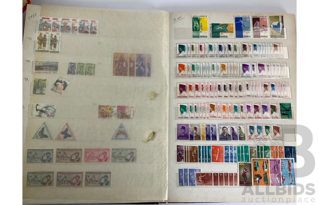 Three Antique and Vintage International Stamp Albums Including Fujeira, Manama, Yemen, Sharjah, Indonesia, Lebanon, Egypt, Libya, Oman, Kuwait, Rwanda, Romania, Bulgaria