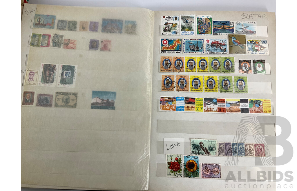 Three Antique and Vintage International Stamp Albums Including Fujeira, Manama, Yemen, Sharjah, Indonesia, Lebanon, Egypt, Libya, Oman, Kuwait, Rwanda, Romania, Bulgaria