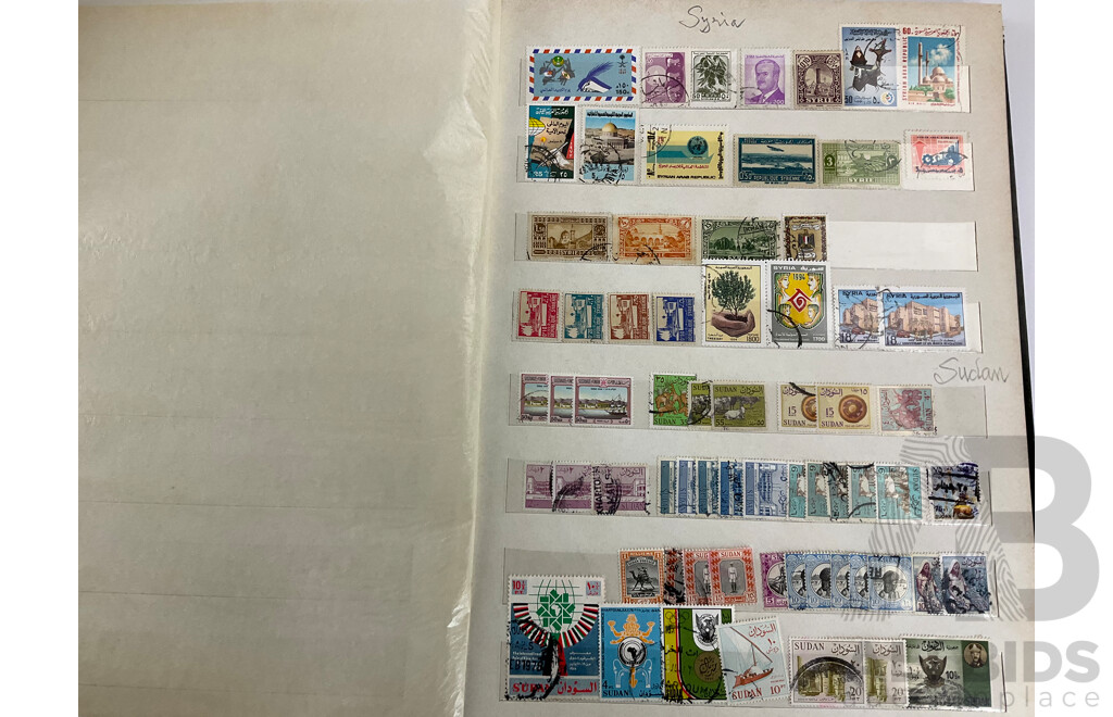 Three Antique and Vintage International Stamp Albums Including Fujeira, Manama, Yemen, Sharjah, Indonesia, Lebanon, Egypt, Libya, Oman, Kuwait, Rwanda, Romania, Bulgaria