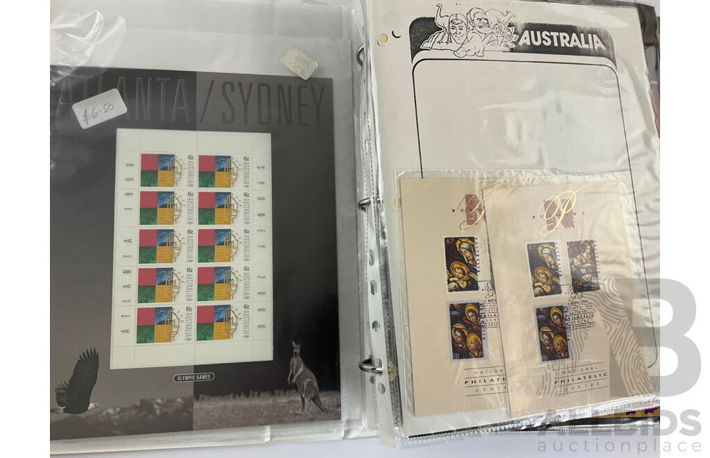 Album of Australian Stamp Packs and Booklets, Examples Spanning 1992 to 1996, Atlanta/Sydney, Joint Issues, Last Huskies, Bunyips, Native Wildlife, Dreamings, Desert Gold