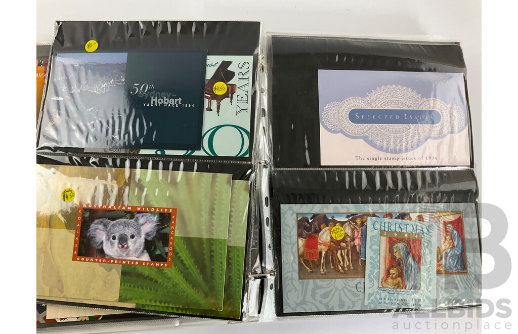 Album of Australian Stamp Packs and Booklets, Examples Spanning 1992 to 1996, Atlanta/Sydney, Joint Issues, Last Huskies, Bunyips, Native Wildlife, Dreamings, Desert Gold