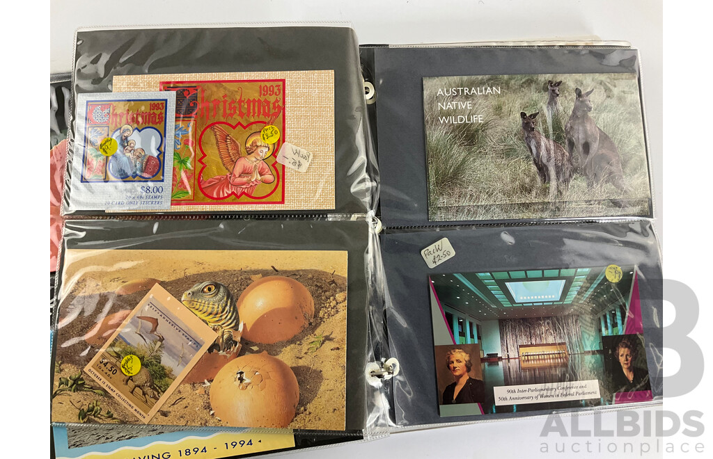Album of Australian Stamp Packs and Booklets, Examples Spanning 1992 to 1996, Atlanta/Sydney, Joint Issues, Last Huskies, Bunyips, Native Wildlife, Dreamings, Desert Gold