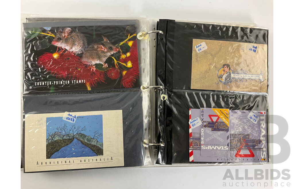 Album of Australian Stamp Packs and Booklets, Examples Spanning 1992 to 1996, Atlanta/Sydney, Joint Issues, Last Huskies, Bunyips, Native Wildlife, Dreamings, Desert Gold