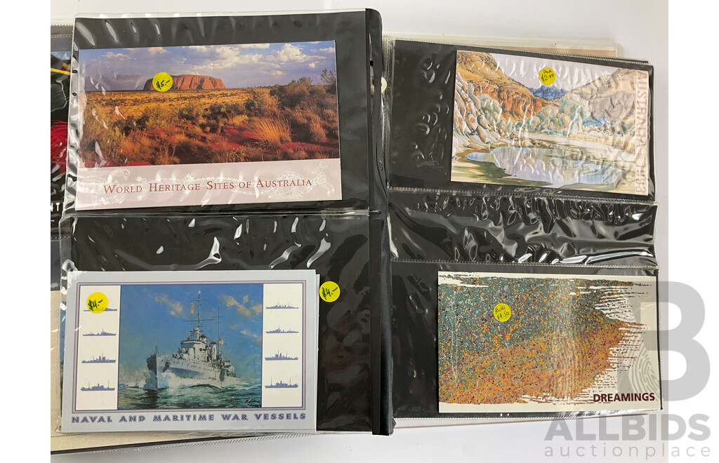 Album of Australian Stamp Packs and Booklets, Examples Spanning 1992 to 1996, Atlanta/Sydney, Joint Issues, Last Huskies, Bunyips, Native Wildlife, Dreamings, Desert Gold