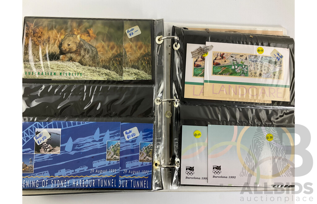 Album of Australian Stamp Packs and Booklets, Examples Spanning 1992 to 1996, Atlanta/Sydney, Joint Issues, Last Huskies, Bunyips, Native Wildlife, Dreamings, Desert Gold