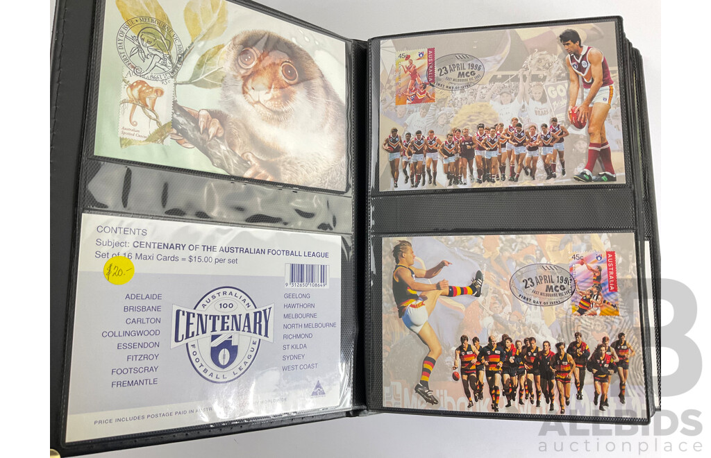 Album of Australian 1996/97 Maxicards Including  Centenary of AFL, Nature of Australia, Australia Day 1997, Classic Cars, Dolls and Bears, Wetland Birds and More