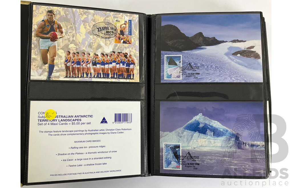 Album of Australian 1996/97 Maxicards Including  Centenary of AFL, Nature of Australia, Australia Day 1997, Classic Cars, Dolls and Bears, Wetland Birds and More