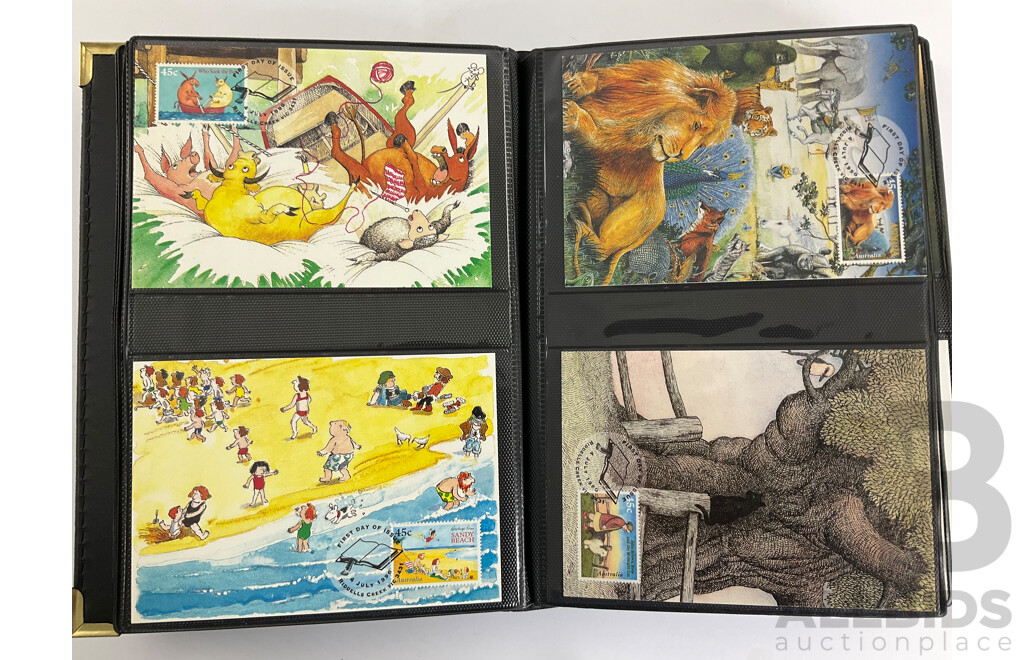 Album of Australian 1996/97 Maxicards Including  Centenary of AFL, Nature of Australia, Australia Day 1997, Classic Cars, Dolls and Bears, Wetland Birds and More