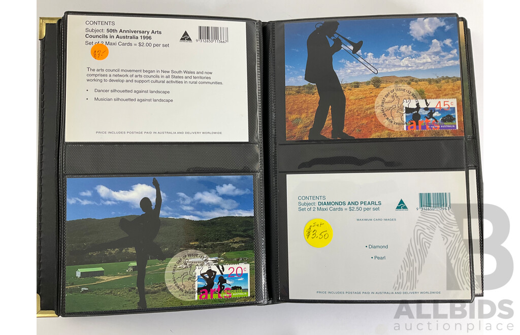 Album of Australian 1996/97 Maxicards Including  Centenary of AFL, Nature of Australia, Australia Day 1997, Classic Cars, Dolls and Bears, Wetland Birds and More