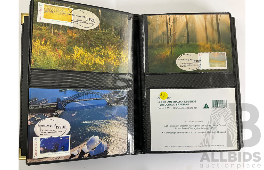 Album of Australian 1996/97 Maxicards Including  Centenary of AFL, Nature of Australia, Australia Day 1997, Classic Cars, Dolls and Bears, Wetland Birds and More