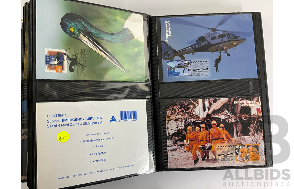 Album of Australian 1996/97 Maxicards Including  Centenary of AFL, Nature of Australia, Australia Day 1997, Classic Cars, Dolls and Bears, Wetland Birds and More