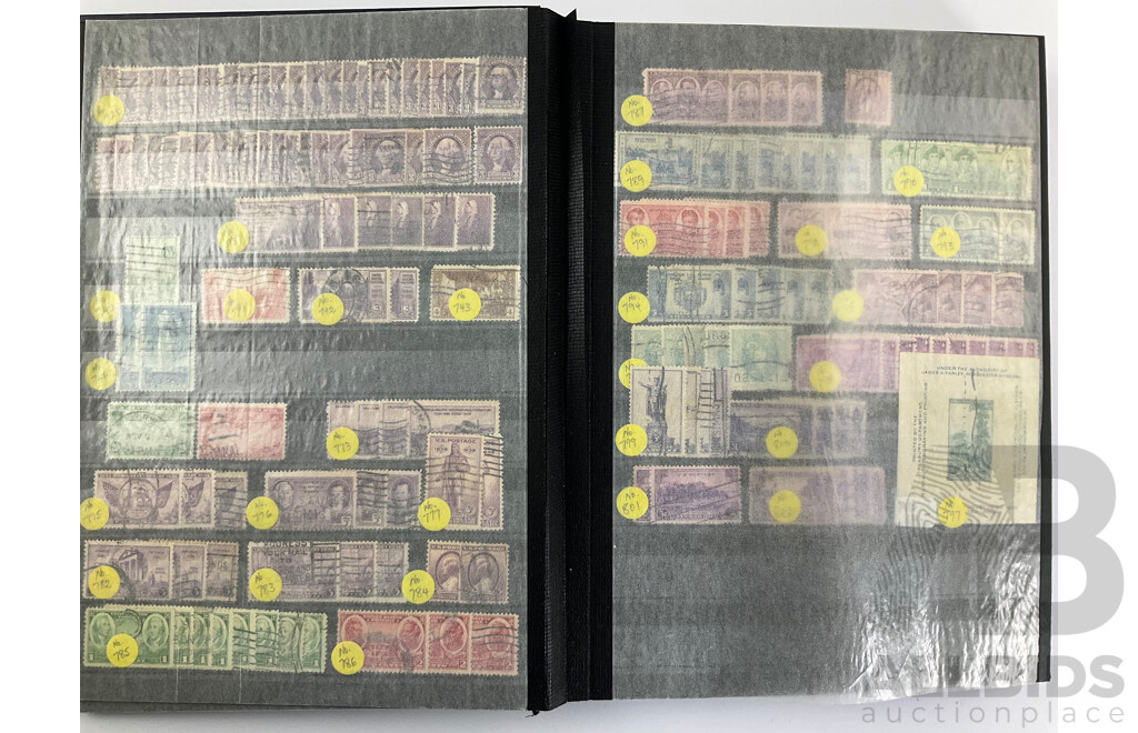 Album of USA Stamps Including Franklin, Roosevelt, Lincoln, Harding, Jackson, Overprints, Scott Catalogue Numbers Spanning 416 to 1439