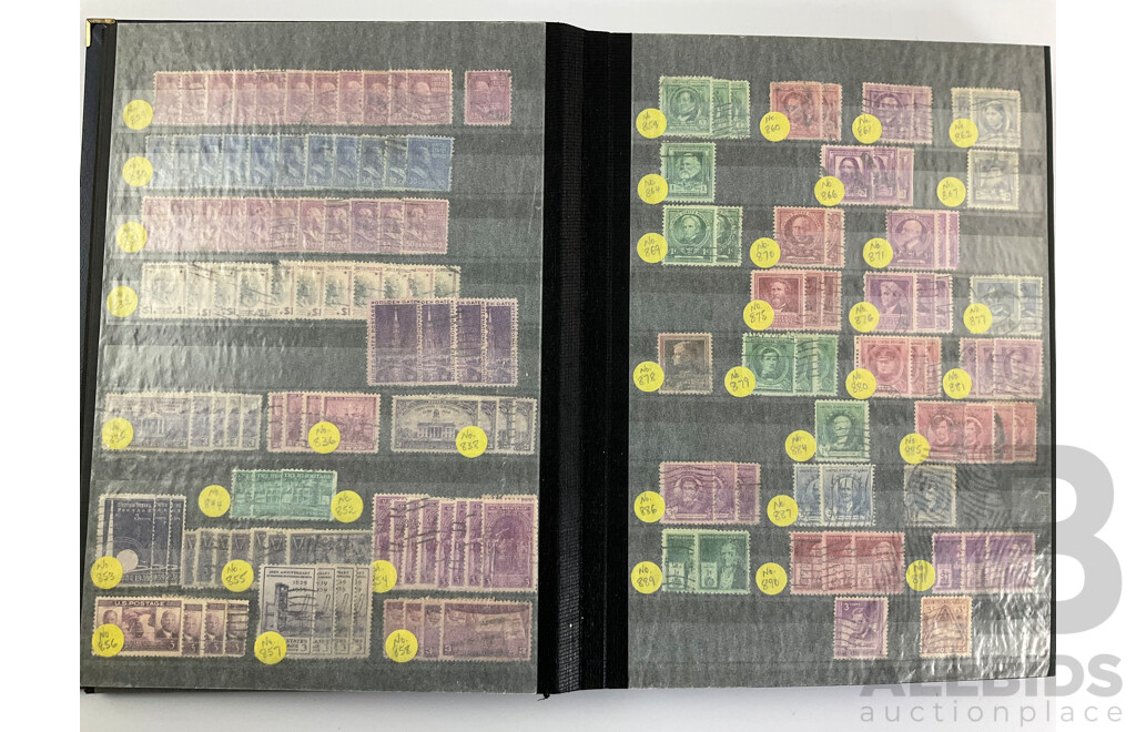 Album of USA Stamps Including Franklin, Roosevelt, Lincoln, Harding, Jackson, Overprints, Scott Catalogue Numbers Spanning 416 to 1439