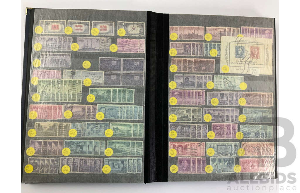 Album of USA Stamps Including Franklin, Roosevelt, Lincoln, Harding, Jackson, Overprints, Scott Catalogue Numbers Spanning 416 to 1439
