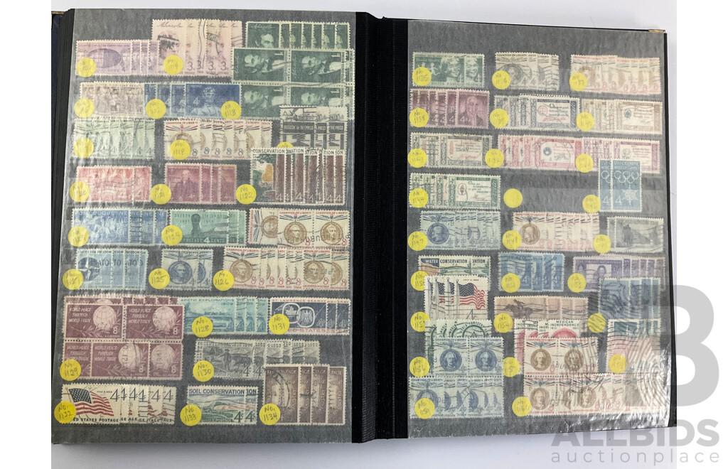 Album of USA Stamps Including Franklin, Roosevelt, Lincoln, Harding, Jackson, Overprints, Scott Catalogue Numbers Spanning 416 to 1439