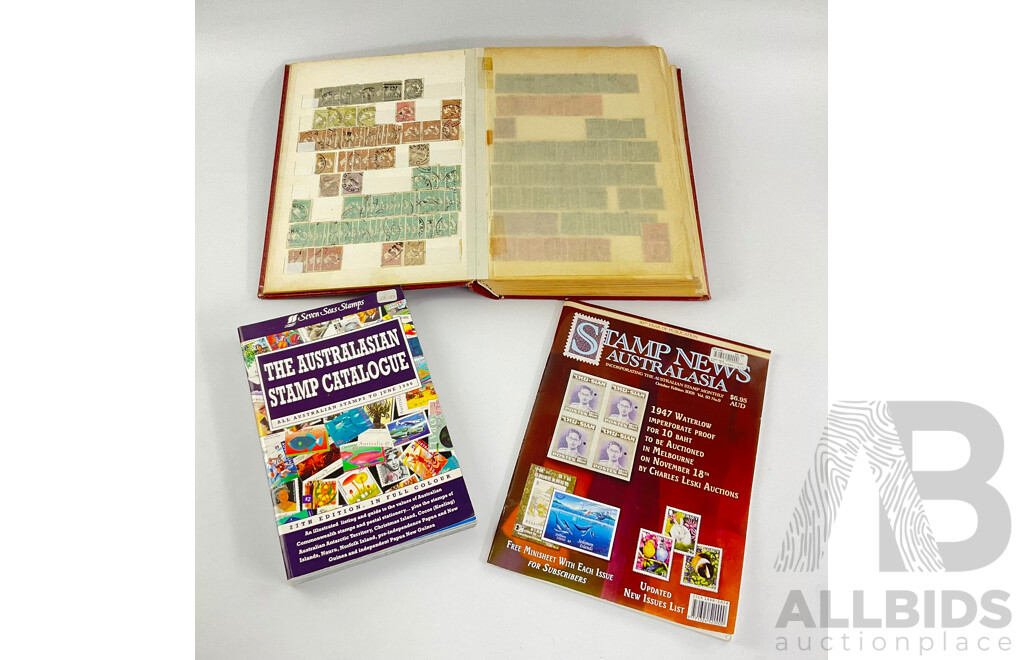 Album of Australian Predecimal Stamps Including Colonial State Stamps, 1911 First Philatelic Exhibition Souvenir Stamp, QV, KGV, KGVI, Kangaroo on Map, Perfins, Overprints with Seven Seas Australian Stamp Catalogue, Stamp New Australia