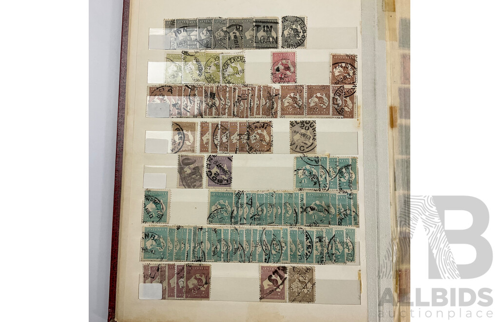 Album of Australian Predecimal Stamps Including Colonial State Stamps, 1911 First Philatelic Exhibition Souvenir Stamp, QV, KGV, KGVI, Kangaroo on Map, Perfins, Overprints with Seven Seas Australian Stamp Catalogue, Stamp New Australia